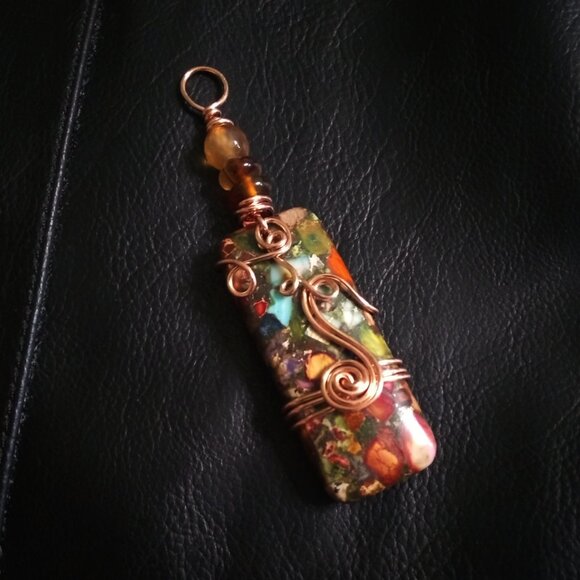 Gorgeous & Unique Fall Colors! Woodsy Sea Sediment Jasper + Agate Pendant - Picture 1 of 12